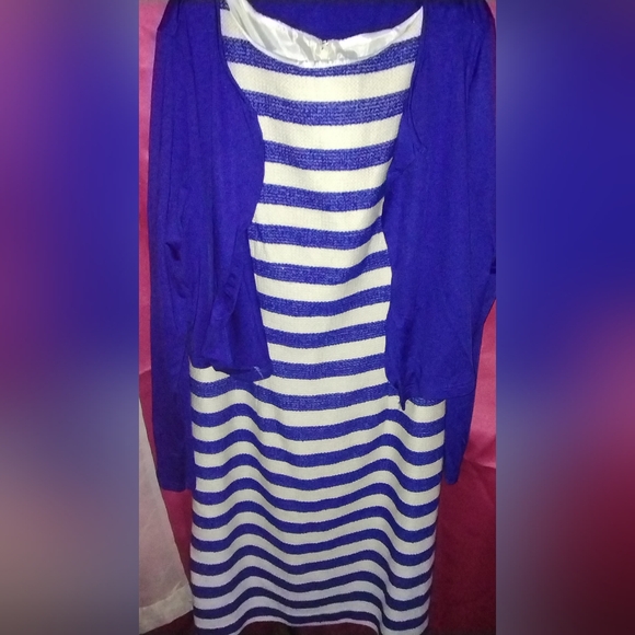 Nautical Chetta B Blue and White Striped Dress With Blue Light Cardigan - Picture 5 of 6